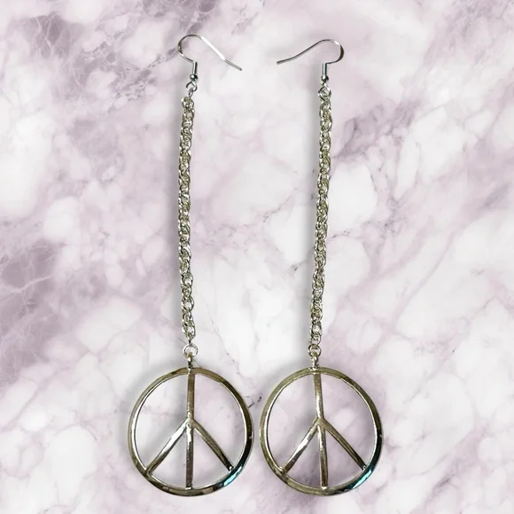 Hand Crafted Peace Earrings Duster Long Pierced Silver Chains Dangle - Picture 1 of 7